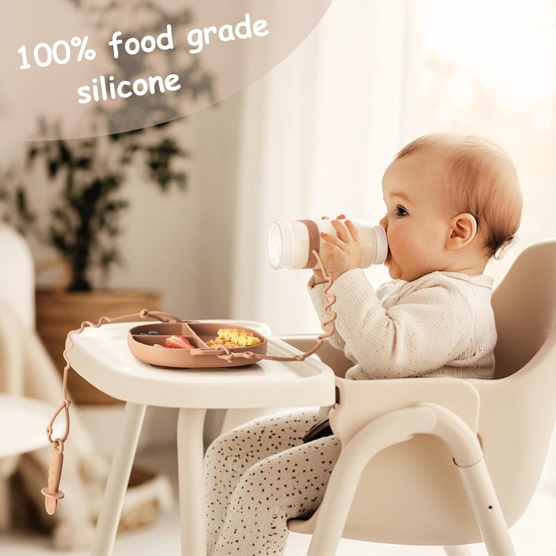 YIVEKO Baby Plates with Suction Silicone Baby Spoons Divided Baby Plates Silicone Baby Safety Toy Straps Baby Bottle Bungees Baby Feeding Set All-in-one-Sage - Image 2